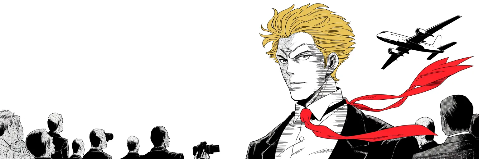 Manga panel 5 of 5, Week 53 “The Pledge and the Empty Room”: ultra-wide: imposing older man with a sweeping golden pompadour mane, heavy brow, small intense eyes, strong jowled jaw, long dark suit, very long red necktie flowing like a battle banner turns at…
