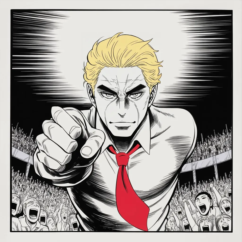 Manga panel 2 of 5, Week 54 “The Omen Across the Sea”: low angle shot from below: an imposing older man with a sweeping golden pompadour mane haloed in stage light, strong jowled jaw set, arm thrust forward in declaration across the middle band of the…