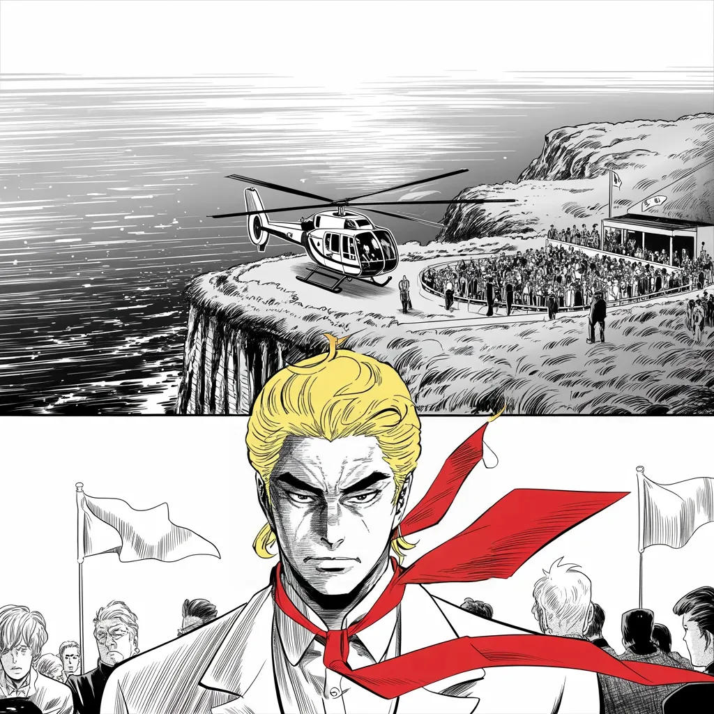 Manga panel 3 of 5, Week 54 “The Omen Across the Sea”: gray dawn over a windswept Scottish coast: a helicopter settles onto a clifftop golf resort like a landing war banner across the middle band of the square frame as an imposing older man with a…