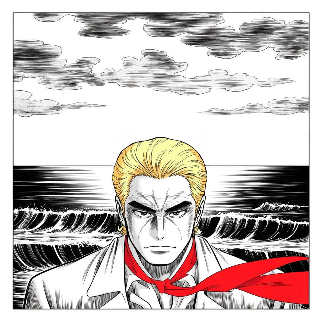 Manga panel 4 of 5, Week 54 “The Omen Across the Sea”: an imposing older man with a sweeping golden pompadour mane stands alone on a sea cliff at dawn in the lower half of the square frame, heavy brow, small intense eyes fixed on the crashing waves…