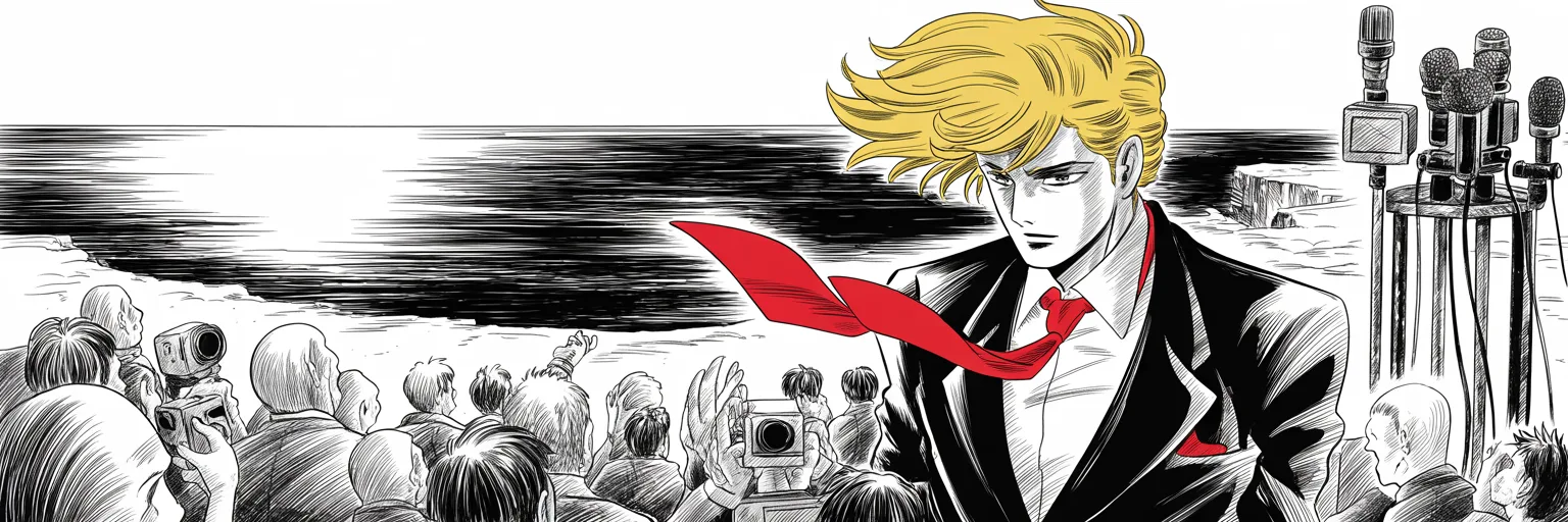 Manga panel 5 of 5, Week 54 “The Omen Across the Sea”: ultra-wide clifftop press conference in sea wind: an imposing older man with a sweeping golden pompadour mane, very long red necktie flowing, stands at the center right facing a crowd of featureless…