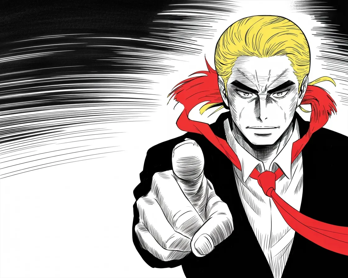 Manga panel 2 of 4, Week 55 “Thirty-Seven Minutes on the Tarmac”: low angle shot from below: an imposing older man with a sweeping golden pompadour mane haloed in hard light, heavy brow, small intense eyes, strong jowled jaw, very long red necktie flowing like a…