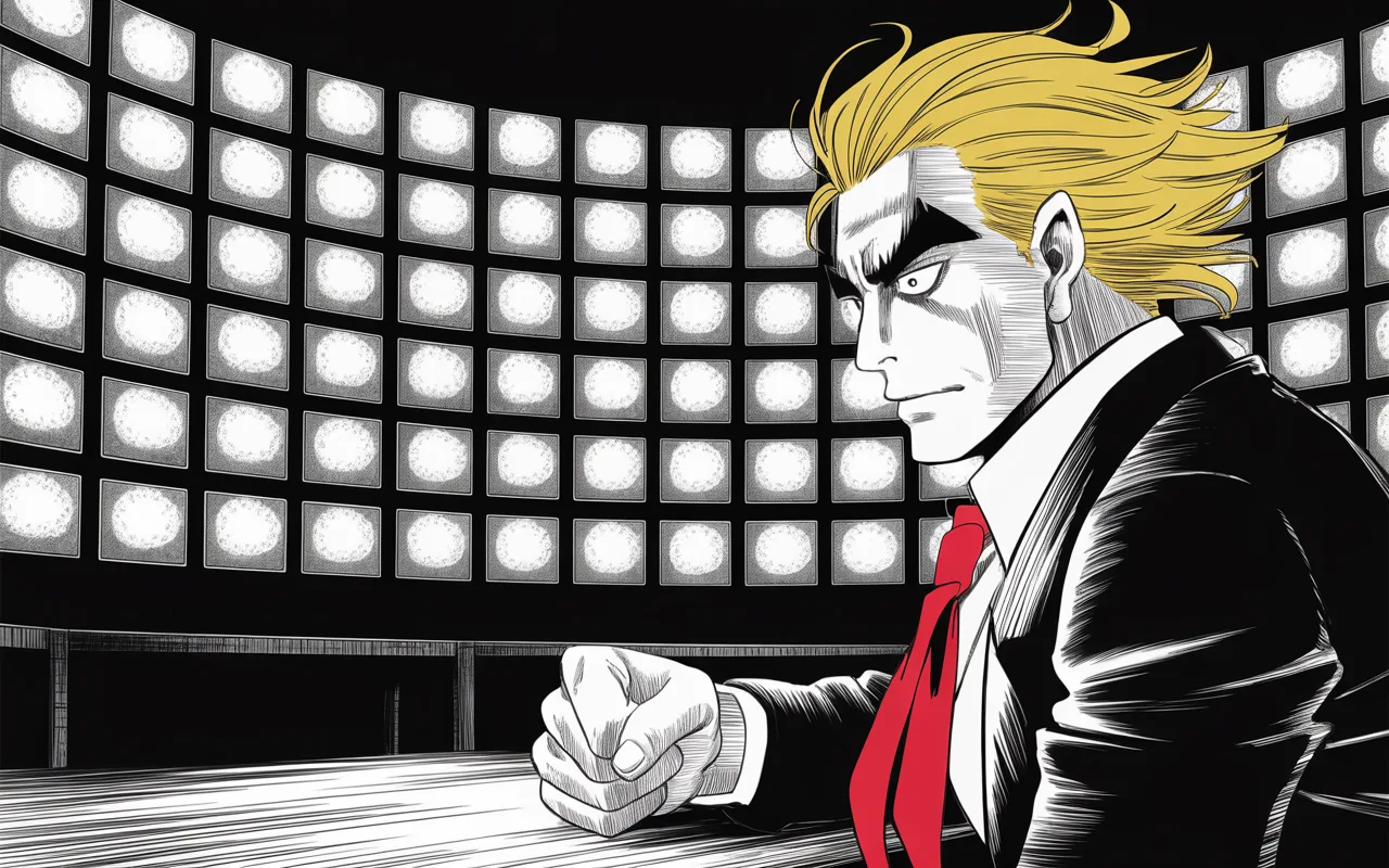 Manga panel 3 of 4, Week 55 “Thirty-Seven Minutes on the Tarmac”: dark tower office lit only by a wall of glowing television monitors filling the right half of the frame, an imposing older man with a sweeping golden pompadour mane watching in silhouette, heavy…