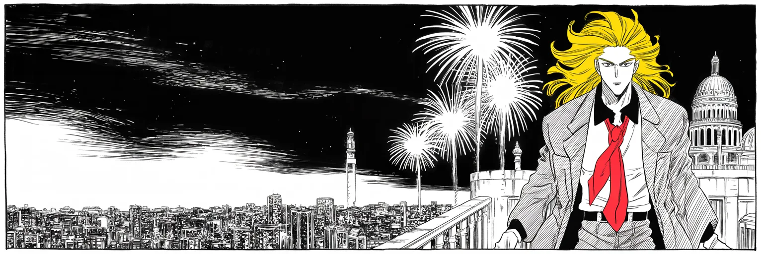 Manga panel 4 of 4, Week 55 “Thirty-Seven Minutes on the Tarmac”: ultra-wide: fireworks bursting white against a black night sky over a city skyline on the right two-thirds of the frame, an imposing older man with a sweeping golden pompadour mane standing on a…