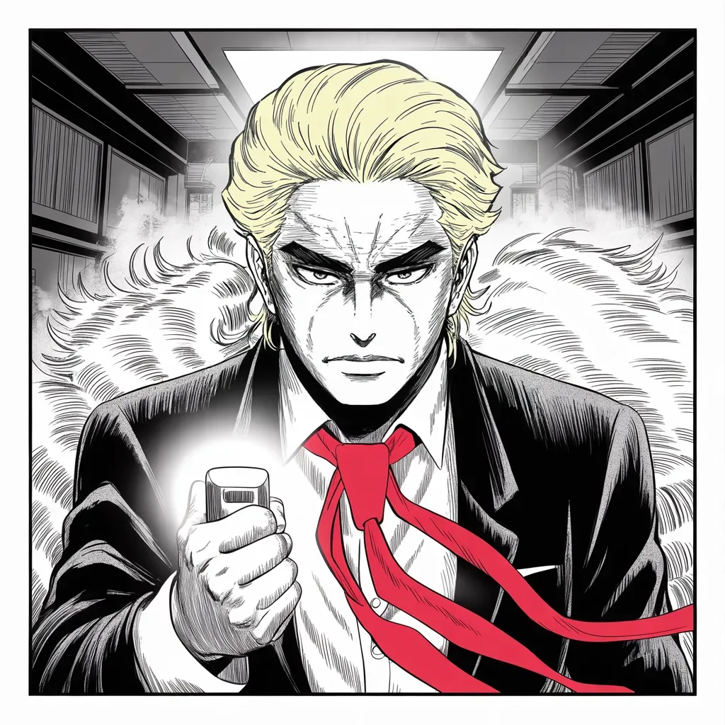 Manga panel 2 of 5, Week 56 “The Verdict and the Wound”: imposing older man with a sweeping golden pompadour mane, heavy brow, small intense eyes, strong jowled jaw, long dark suit, very long red necktie flowing like a battle banner, fist clenched around…