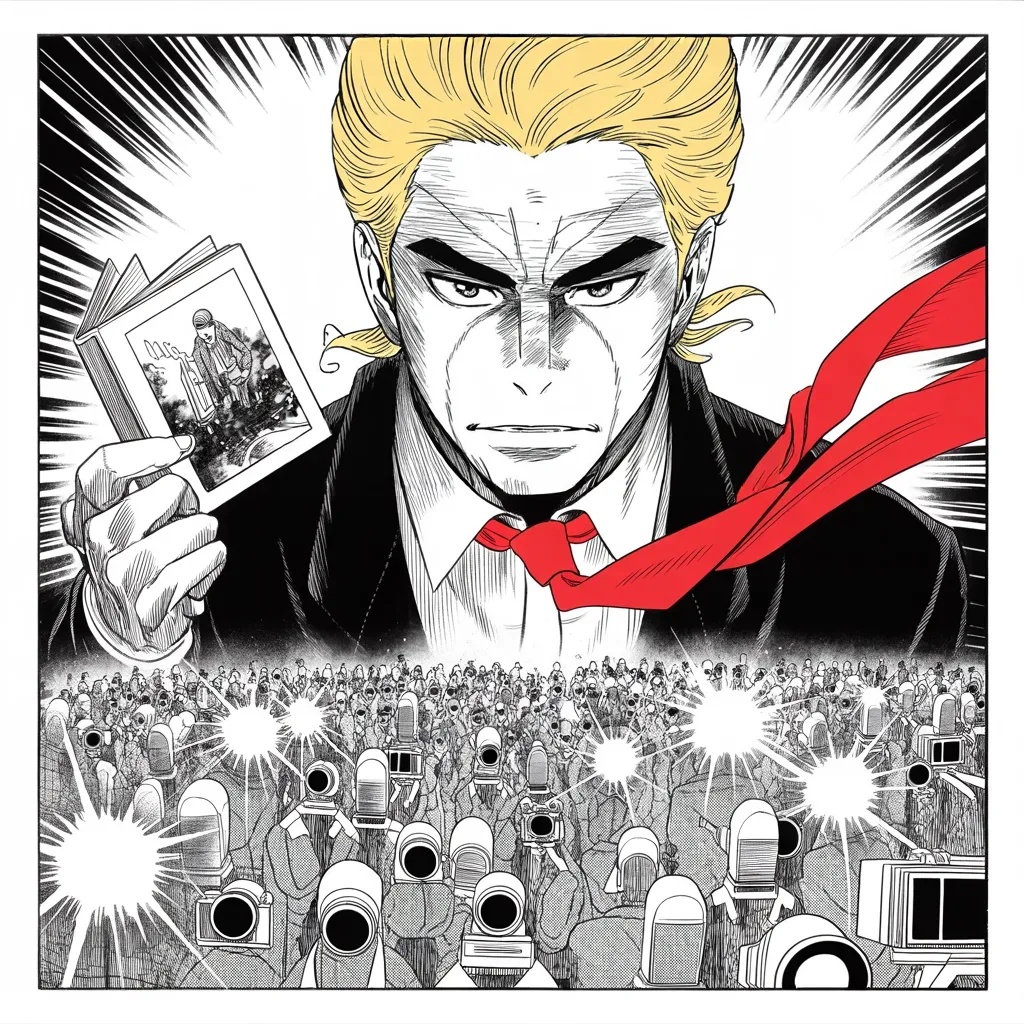 Manga panel 3 of 5, Week 56 “The Verdict and the Wound”: imposing older man with a sweeping golden pompadour mane, heavy brow, small intense eyes, strong jowled jaw, long dark suit, very long red necktie flowing like a battle banner brandishes a picture…