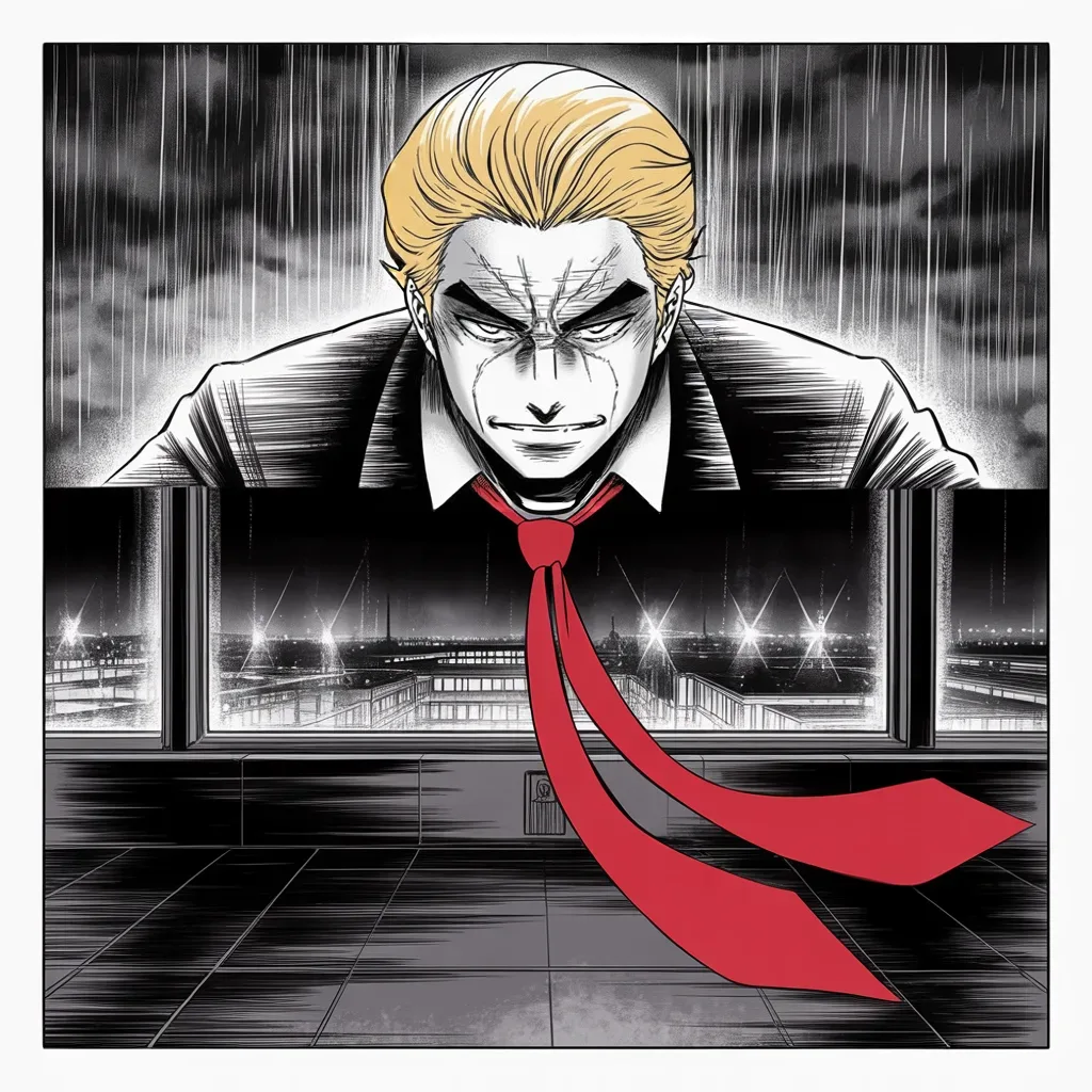 Manga panel 4 of 5, Week 56 “The Verdict and the Wound”: imposing older man with a sweeping golden pompadour mane, heavy brow, small intense eyes, strong jowled jaw, long dark suit, very long red necktie flowing like a battle banner stands at a darkened…