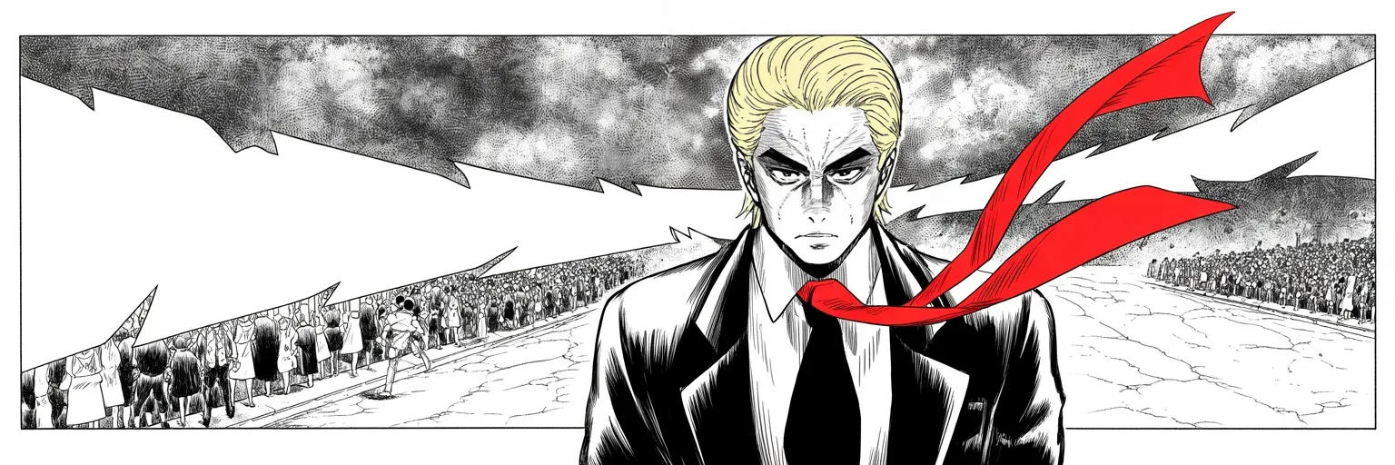 Manga panel 5 of 5, Week 56 “The Verdict and the Wound”: ultra-wide: imposing older man with a sweeping golden pompadour mane, heavy brow, small intense eyes, strong jowled jaw, long dark suit, very long red necktie flowing like a battle banner shot from…