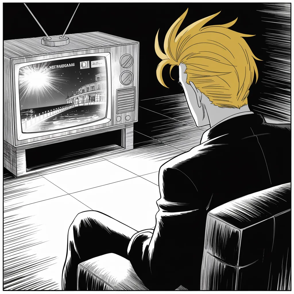 Manga panel 2 of 5, Week 57 “The Choosing of the Second”: Black and white manga panel: a small television set in the upper left corner of the frame, its screen glowing with static and a tiny news graphic of a seaside promenade at night, watched from behind…