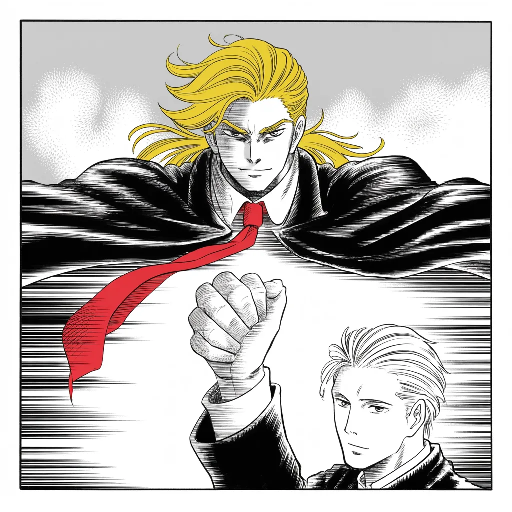 Manga panel 3 of 5, Week 57 “The Choosing of the Second”: Square panel shot from below: an imposing older man with a sweeping golden pompadour mane, very long red necktie flowing like a battle banner, clasping hands with a calm silver-haired man with a…