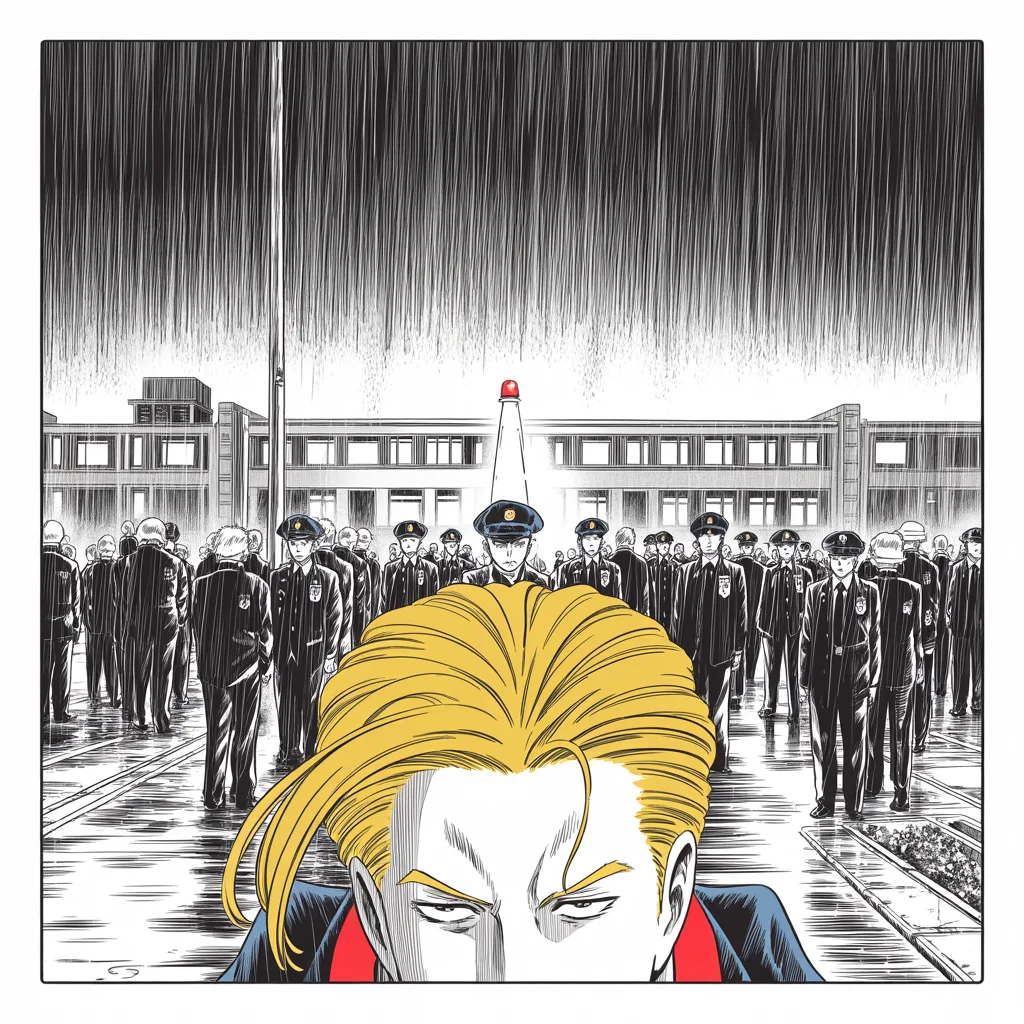 Manga panel 4 of 5, Week 57 “The Choosing of the Second”: Square panel: rain over a dark American street, a lone police beacon cutting the downpour beside rows of officers standing at mournful attention across the middle of the frame, an imposing older man…