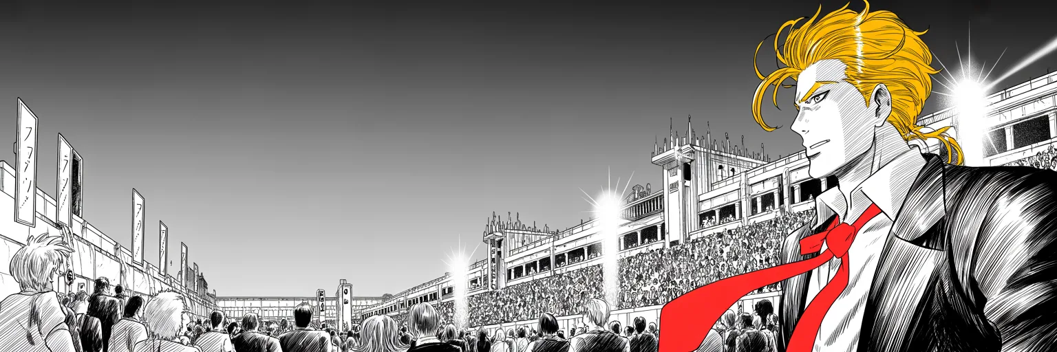 Manga panel 5 of 5, Week 57 “The Choosing of the Second”: a colossal convention arena at dusk like a fortress keep dominating the right half of the frame, great gates flung open with floodlight beams pouring out, halftone crowds streaming in beneath…
