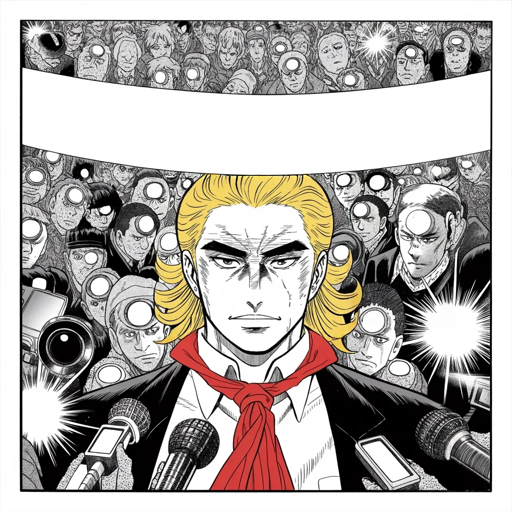 Manga panel 2 of 5, Week 58 “The Crown of Cleveland”: Square panel: a crowd of featureless figures with camera lenses for faces and a microphone thicket pressing in from the lower edges of the frame with flash bursts, an imposing older man with a…