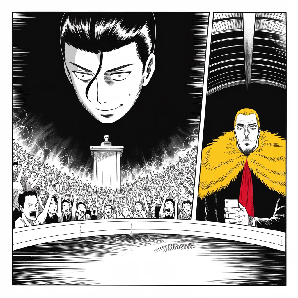 Manga panel 3 of 5, Week 58 “The Crown of Cleveland”: Square panel: a round-faced man with slick dark hair, hooded eyes, thin smile crumbling at a lone podium in the upper middle of the frame as a vast halftone crowd roars against him with jeering…