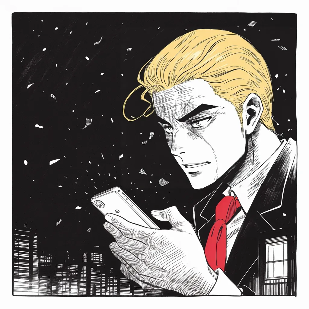Manga panel 4 of 5, Week 58 “The Crown of Cleveland”: Square panel: heavy thumbs over a glowing phone screen in a pitch-dark room, rendered small and confined to the bottom right corner of the frame, the light carving a strong jowled jaw and sweeping…