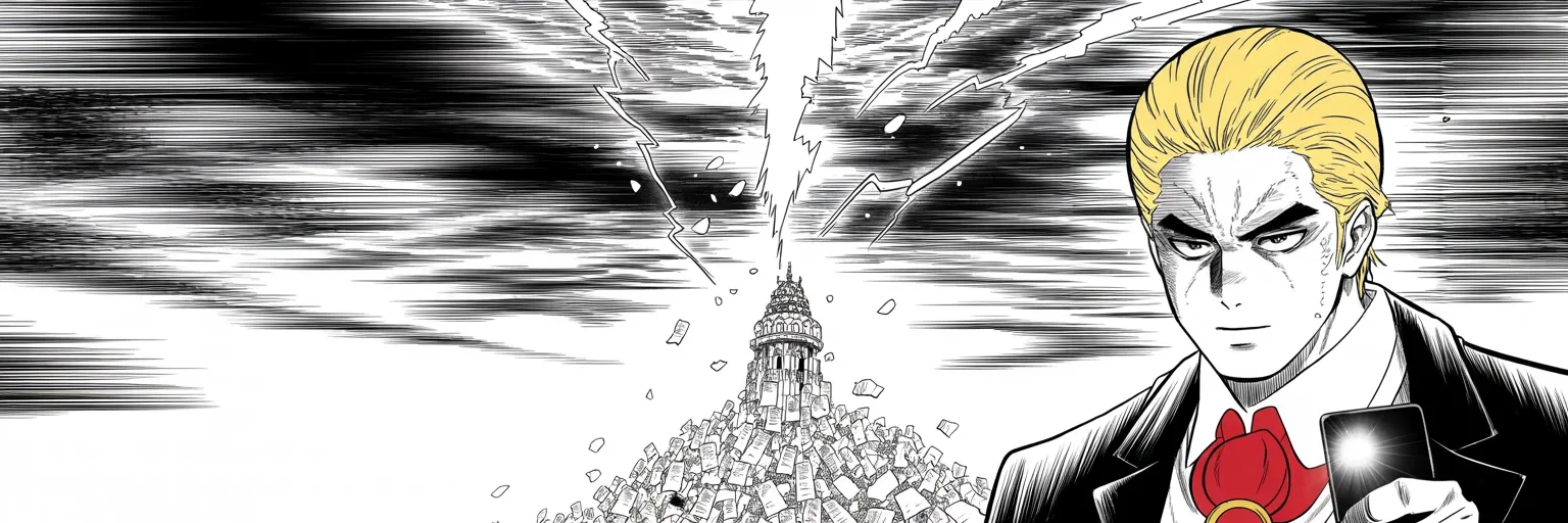 Manga panel 5 of 5, Week 58 “The Crown of Cleveland”: an imposing older man with a sweeping golden pompadour mane, heavy brow, small intense eyes lit from below by a glowing phone standing on the right third of the frame; behind him at the center a…