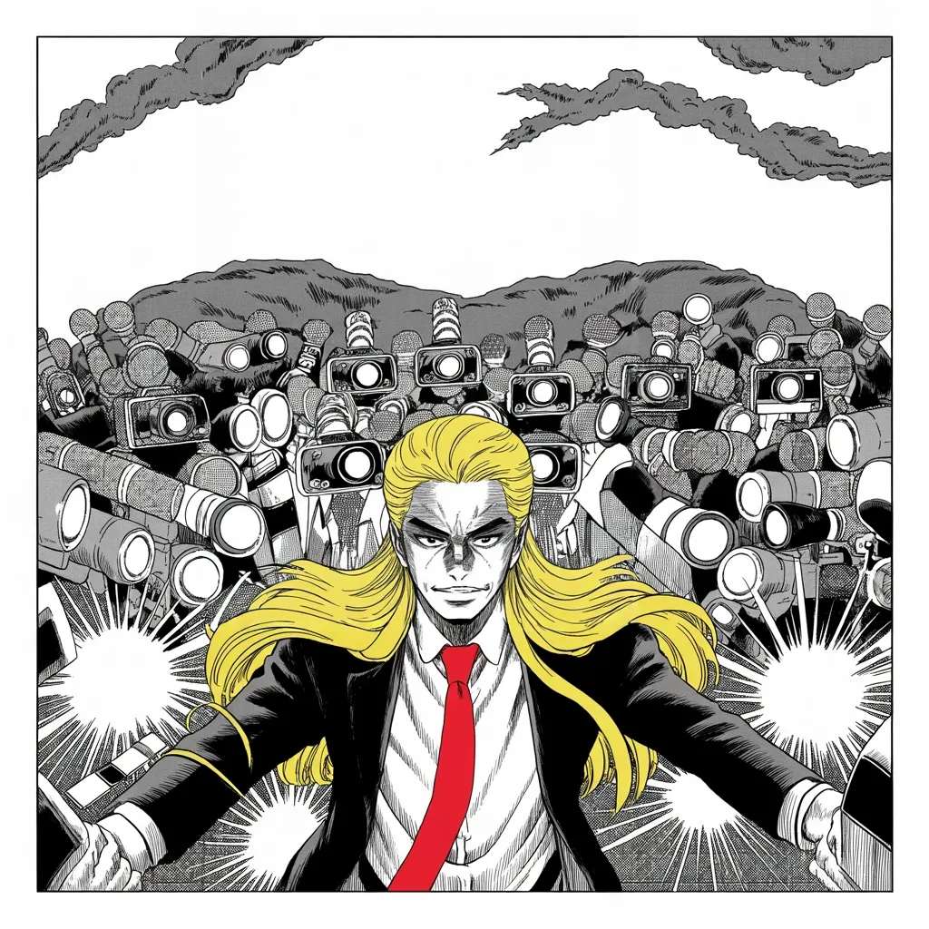 Manga panel 2 of 5, Week 59 “The Dare and the Grieving Father”: Square panel: a crowd of featureless figures with camera lenses for faces pressing forward in a microphone thicket with flash bursts along the lower edges of the frame, an imposing older man with a…