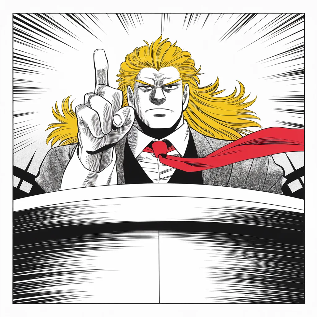 Manga panel 3 of 5, Week 59 “The Dare and the Grieving Father”: Square panel shot from below: an imposing older man with a sweeping golden pompadour mane, heavy brow, very long red necktie flowing like a battle banner at a podium in the upper half of the frame…