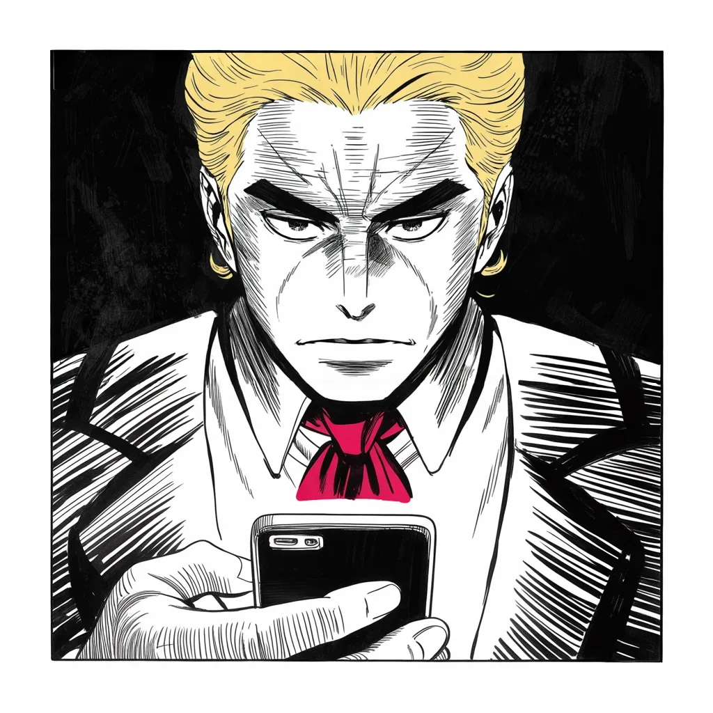Manga panel 4 of 5, Week 59 “The Dare and the Grieving Father”: Square panel: extreme close-up of thumbs over a glowing phone screen in the lower middle of the frame in total darkness, the light carving a heavy jowled jaw and small intense eyes from the black…