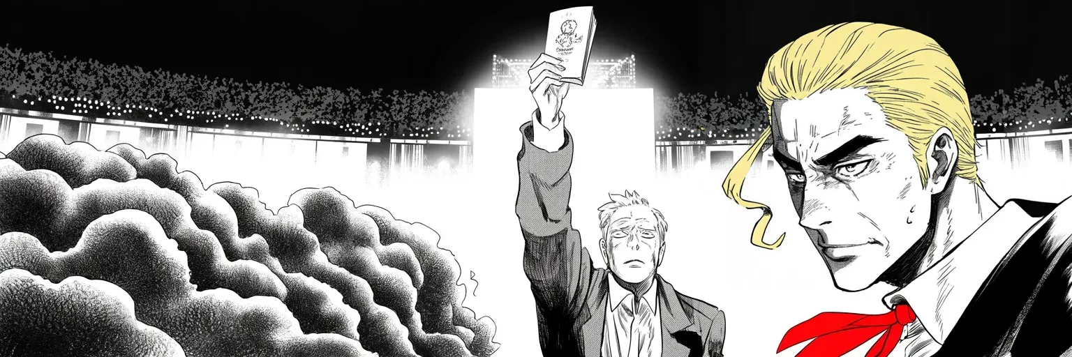 Manga panel 5 of 5, Week 59 “The Dare and the Grieving Father”: a dignified grieving elderly man raising a small booklet aloft on a distant floodlit convention stage at the center of the frame, and in the right foreground an imposing older man with a sweeping…