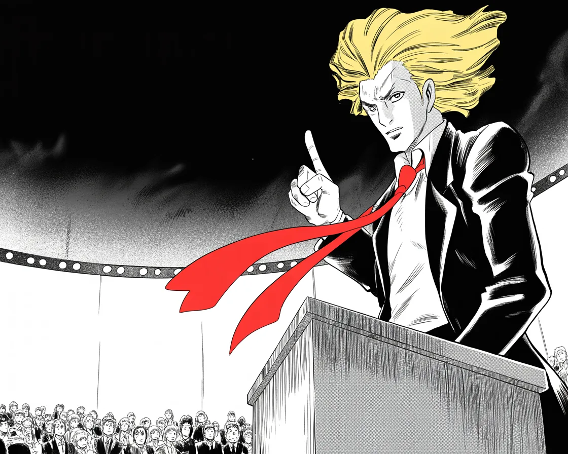 Manga panel 2 of 4, Week 60 “The War With No Referee”: Imposing older man with a sweeping golden pompadour mane, heavy brow, small intense eyes, strong jowled jaw, long dark suit, very long red necktie flowing like a battle banner shot from below at a…