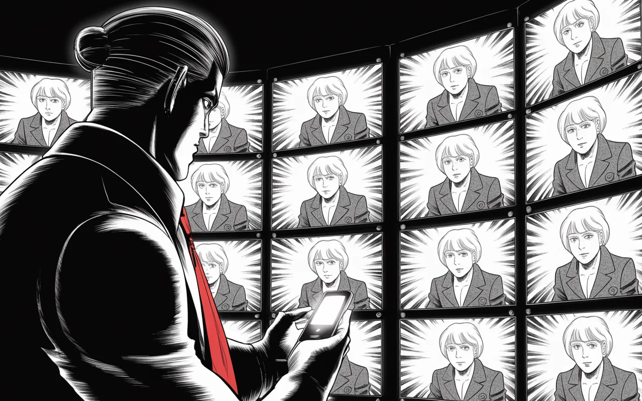 Manga panel 3 of 4, Week 60 “The War With No Referee”: Dark war room: a wall of glowing monitors filling the right half of the frame, each showing a composed older woman with short blonde hair, tailored pantsuit like armor plating, her image breaking…