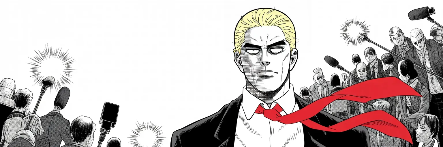 Manga panel 4 of 4, Week 60 “The War With No Referee”: imposing older man with a sweeping golden pompadour mane, heavy brow, small intense eyes, strong jowled jaw, long dark suit, very long red necktie flowing like a battle banner stands alone at the…