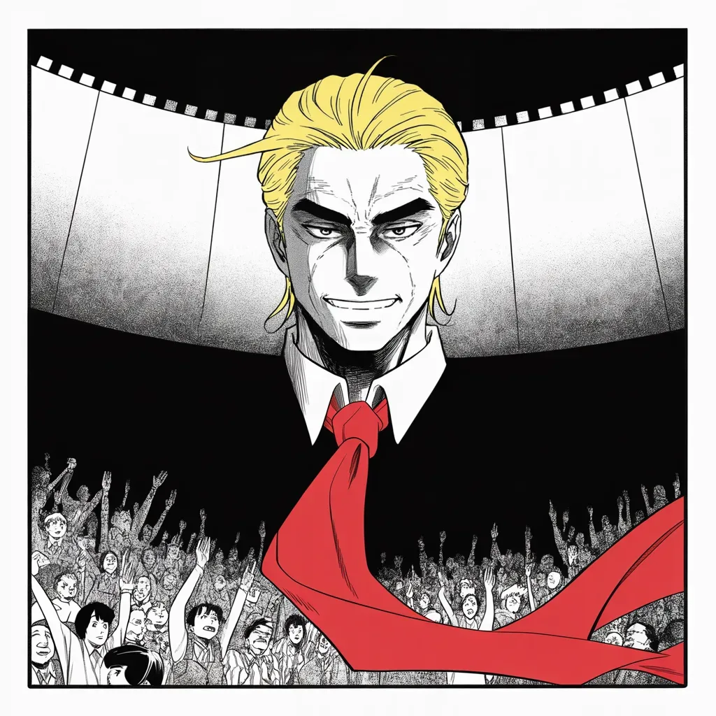 Manga panel 3 of 5, Week 61 “The Two-Front War”: Square panel: imposing older man with a sweeping golden pompadour mane grinning wide at a floodlit rally in the lower half of the frame, arms thrown open to halftone masses of cheering crowd along…