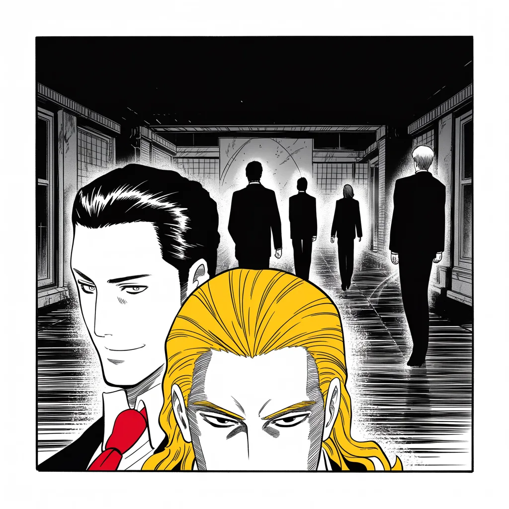 Manga panel 4 of 5, Week 61 “The Two-Front War”: Square panel: shadowed silhouettes of former rivals walking away down a dark marble corridor across the middle strip of the frame, among them a round-faced man with slick dark hair, hooded eyes…