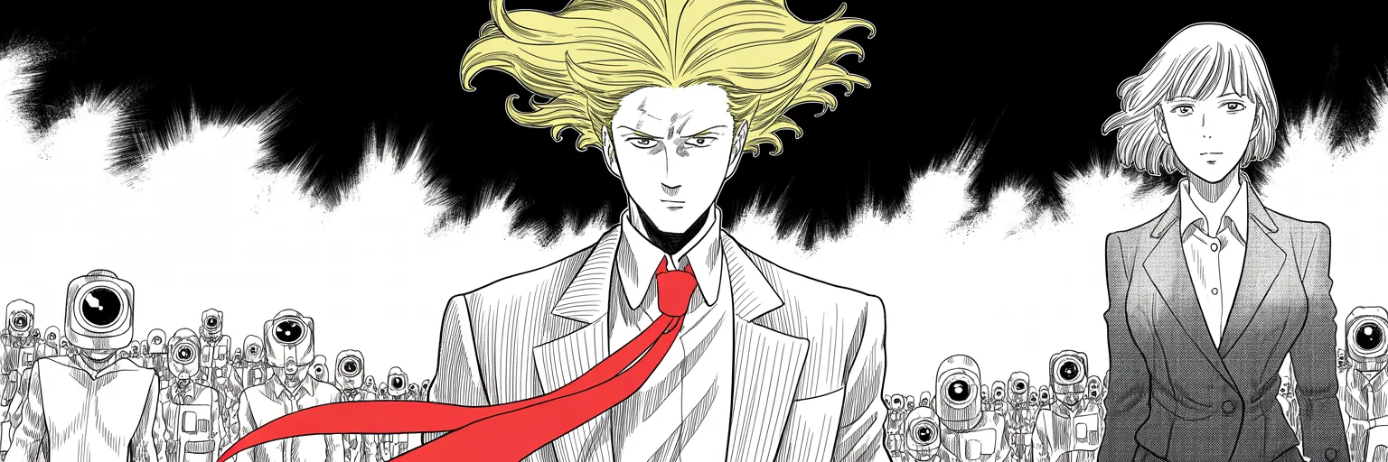 Manga panel 5 of 5, Week 61 “The Two-Front War”: imposing older man with a sweeping golden pompadour mane haloed by light at the center of the frame, very long red necktie flowing like a battle banner, facing two enemy hosts on the right third — a…