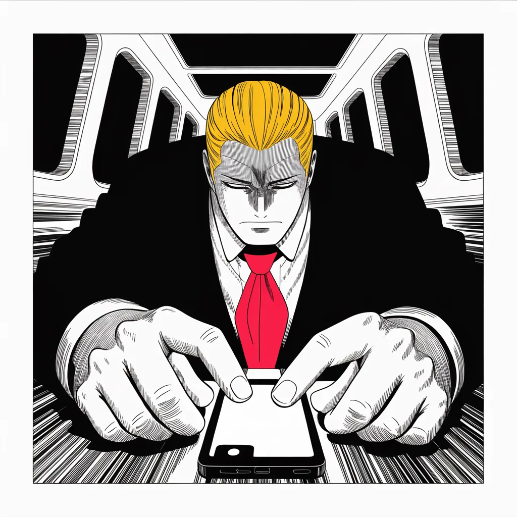 Manga panel 2 of 5, Week 62 “Into the Floodwaters”: Square panel: extreme close-up of heavy thumbs over a glowing phone screen in the lower middle of a darkened aircraft cabin at night, the screen light carving a jowled face and golden pompadour out…