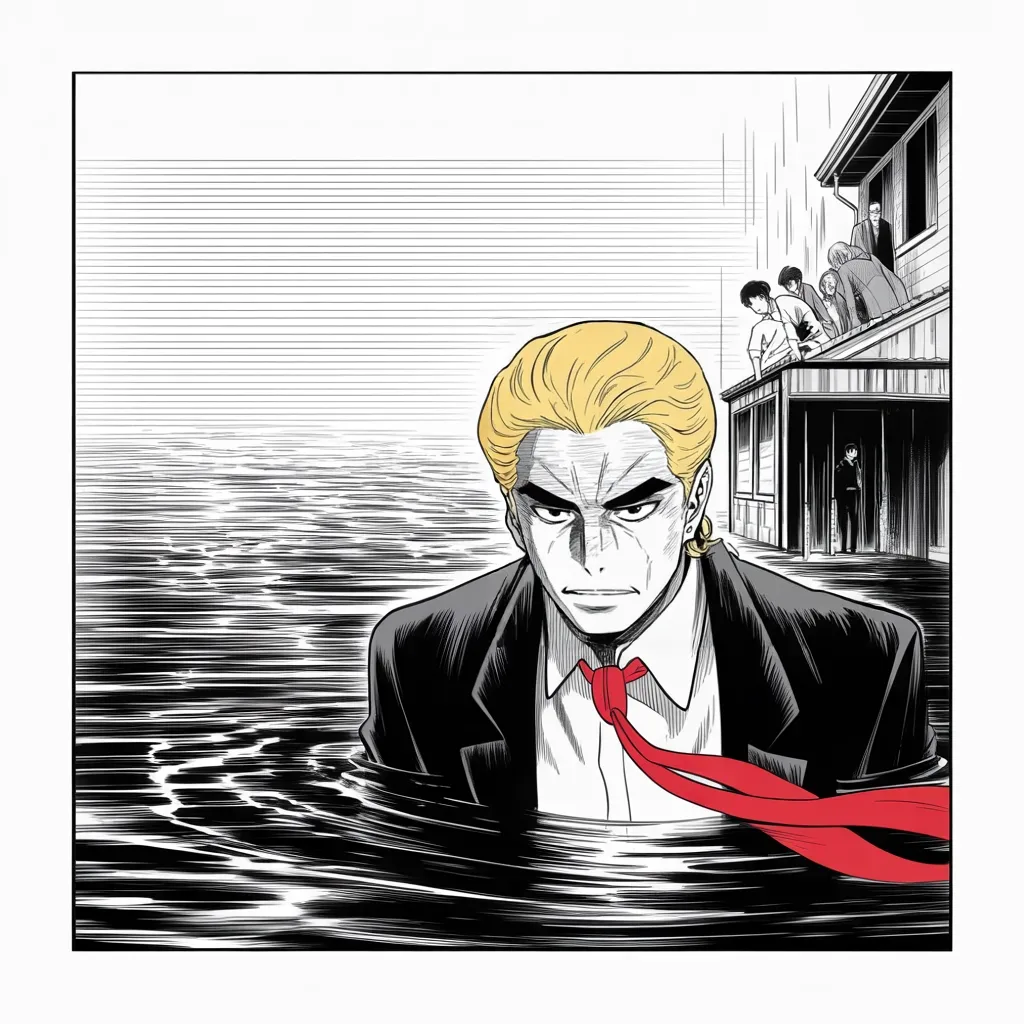 Manga panel 3 of 5, Week 62 “Into the Floodwaters”: Square panel: imposing older man with a sweeping golden pompadour mane, heavy brow, small intense eyes, strong jowled jaw, long dark suit, very long red necktie flowing like a battle banner wading a…