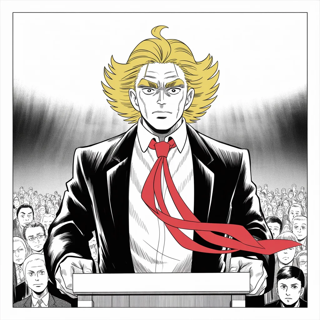 Manga panel 4 of 5, Week 62 “Into the Floodwaters”: Square panel: imposing older man with a sweeping golden pompadour mane, heavy brow, small intense eyes, strong jowled jaw, long dark suit, very long red necktie flowing like a battle banner at a…