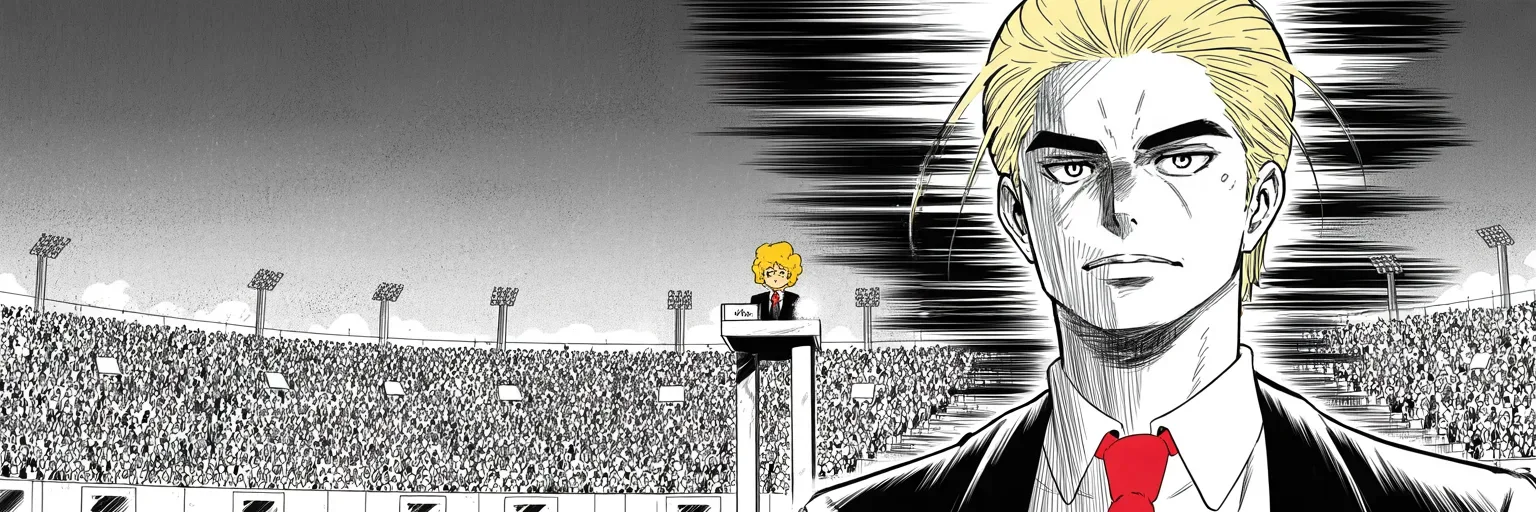Manga panel 5 of 5, Week 62 “Into the Floodwaters”: vast halftone crowd stretching to the horizon under stadium lights at dusk across the lower half of the frame, a tiny podium figure with a golden pompadour at the center right, rising aura of speed…