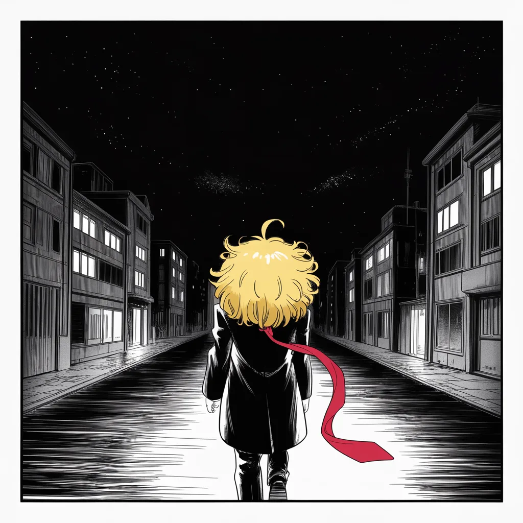 Manga panel 2 of 5, Week 63 “Too Little, Too Late!”: Black and white manga panel: an imposing older man with a sweeping golden pompadour mane seen entirely from behind, small in the lower middle of the frame, long dark coat, very long red necktie tail…