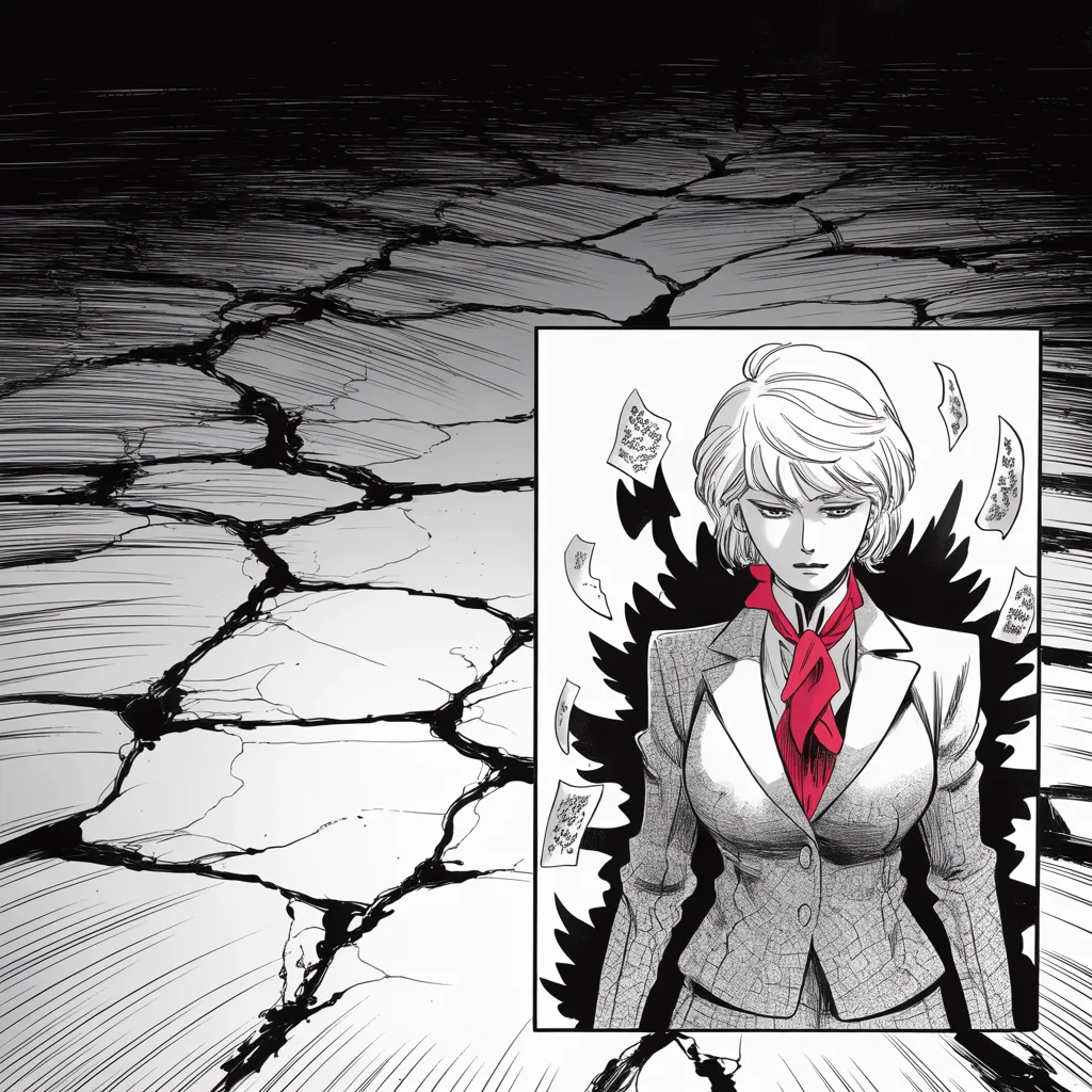 Manga panel 3 of 5, Week 63 “Too Little, Too Late!”: Square panel: composed older woman with short blonde hair, tailored pantsuit like armor plating, measured strategist's gaze rendered small and confined to the bottom right corner quarter of the…