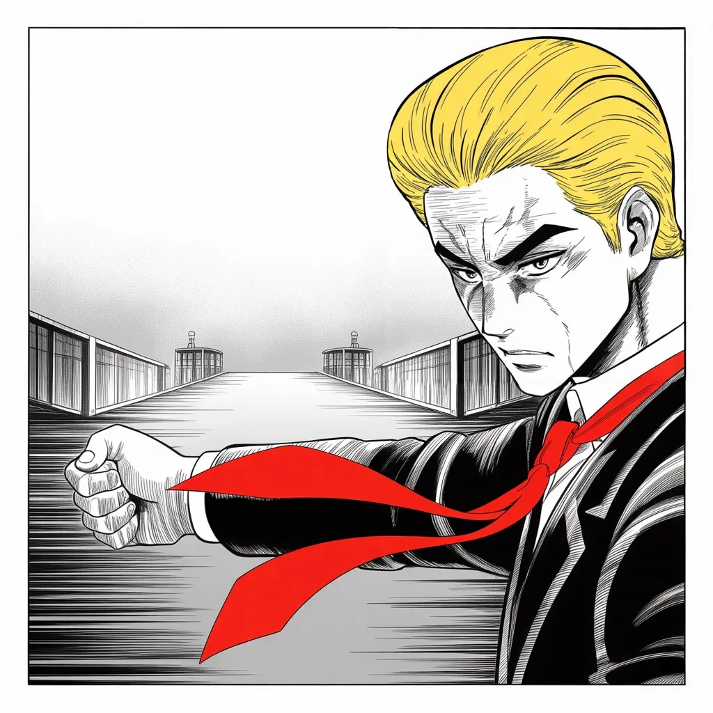 Manga panel 4 of 5, Week 63 “Too Little, Too Late!”: Square panel: facing podiums like a dueling ground in the lower half of the frame, imposing older man with a sweeping golden pompadour mane, heavy brow, small intense eyes, strong jowled jaw, long…