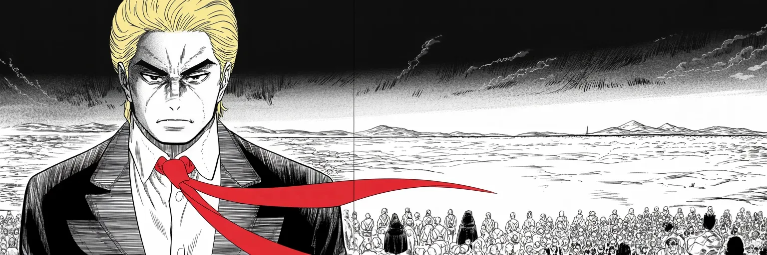 Manga panel 5 of 5, Week 63 “Too Little, Too Late!”: imposing older man with a sweeping golden pompadour mane, heavy brow, small intense eyes, strong jowled jaw, long dark suit, very long red necktie flowing like a battle banner stands on the left…