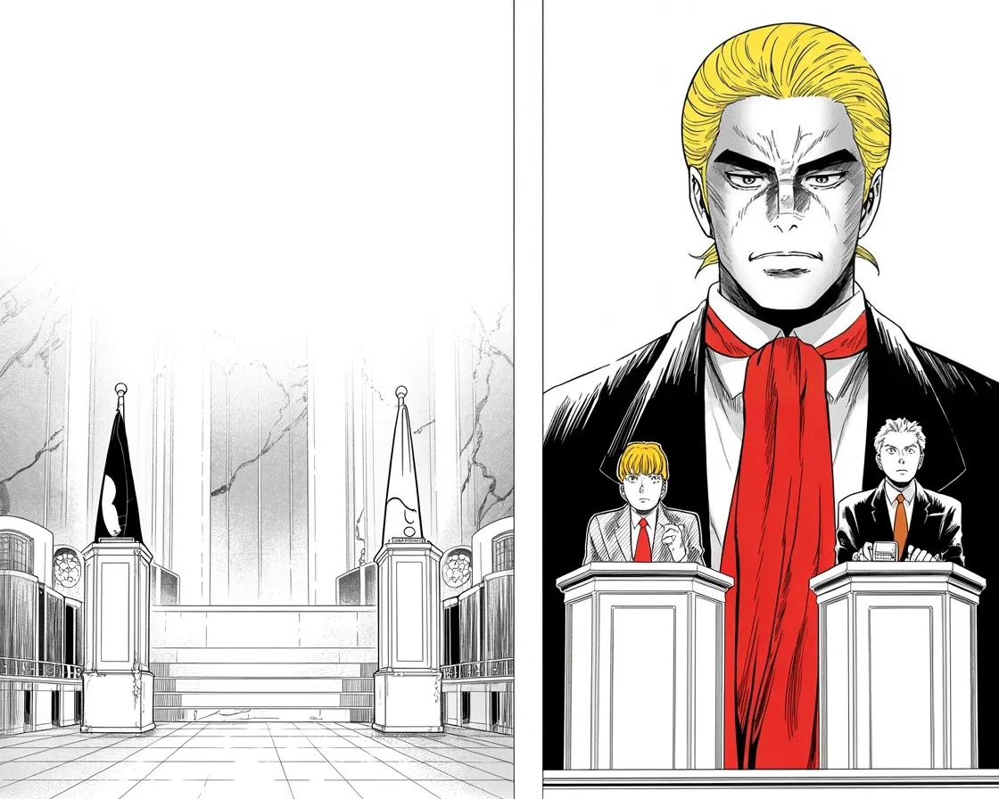 Manga panel 2 of 4, Week 64 “The Mexico Gambit”: Imposing older man with a sweeping golden pompadour mane, heavy brow, small intense eyes, strong jowled jaw, long dark suit, very long red necktie flowing like a battle banner beside a dignified…