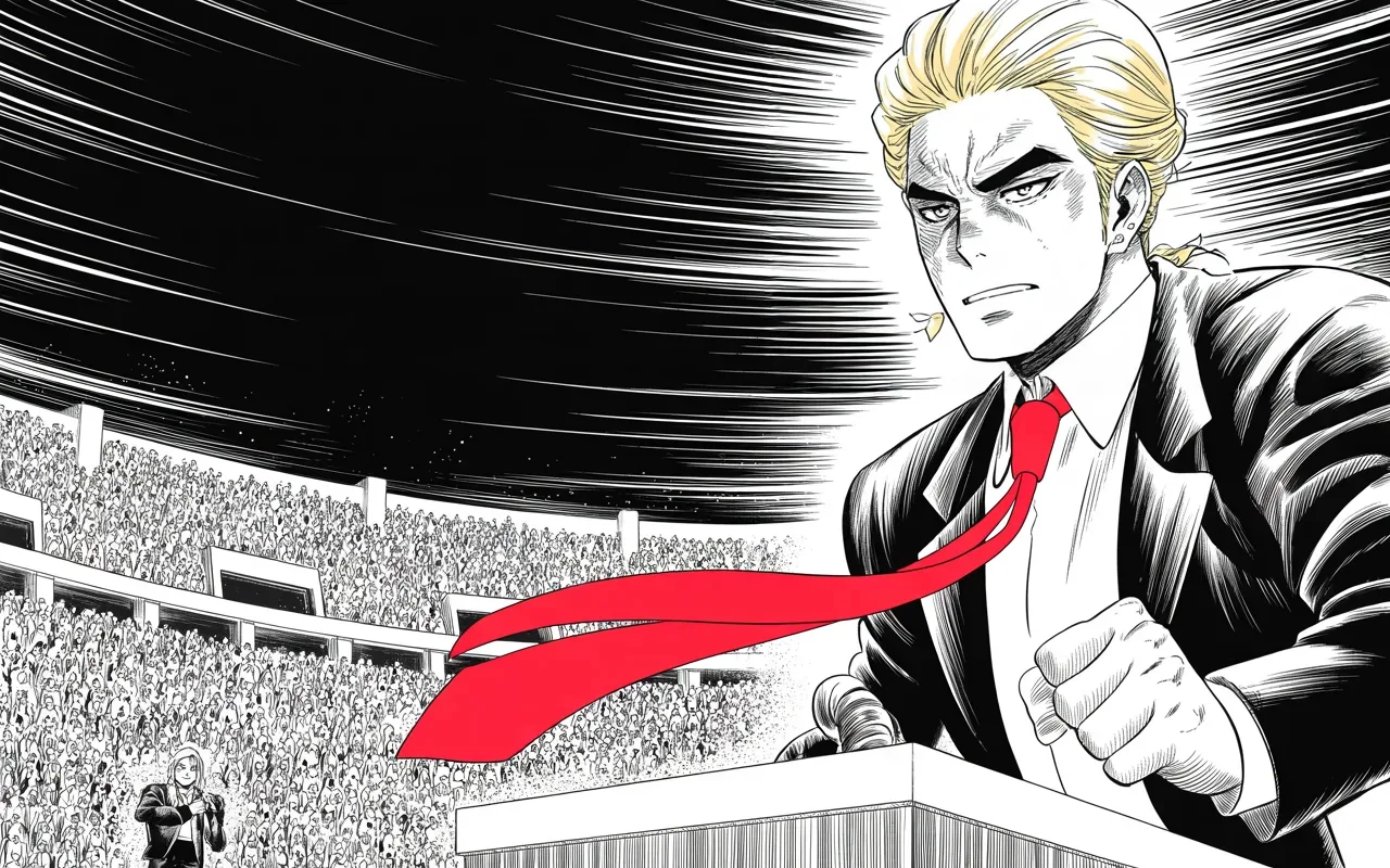 Manga panel 3 of 4, Week 64 “The Mexico Gambit”: Shot from below: imposing older man with a sweeping golden pompadour mane, heavy brow, small intense eyes, strong jowled jaw, long dark suit, very long red necktie flowing like a battle banner roars…
