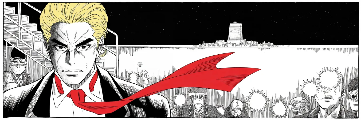 Manga panel 4 of 4, Week 64 “The Mexico Gambit”: imposing older man with a sweeping golden pompadour mane, heavy brow, small intense eyes, strong jowled jaw, long dark suit, very long red necktie flowing like a battle banner descends aircraft…