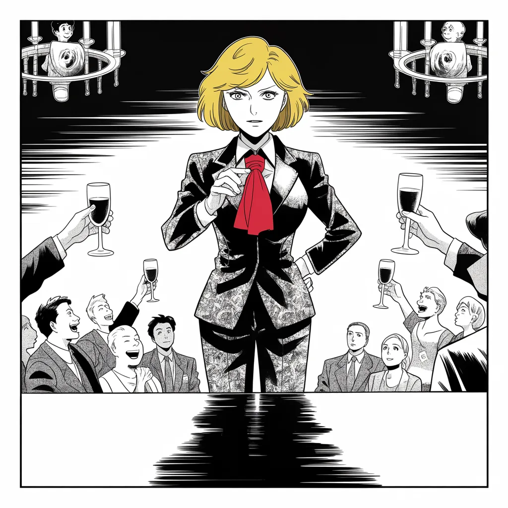 Manga panel 2 of 5, Week 65 “The Deplorables Banner”: Square panel: composed older woman with short blonde hair, tailored pantsuit like armor plating, measured strategist's gaze speaks from a banquet podium in the upper middle of the frame under…