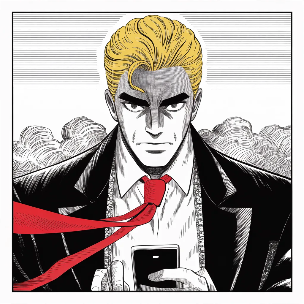 Manga panel 3 of 5, Week 65 “The Deplorables Banner”: Square panel: imposing older man with a sweeping golden pompadour mane, heavy brow, small intense eyes, strong jowled jaw, long dark suit, very long red necktie flowing like a battle banner in…