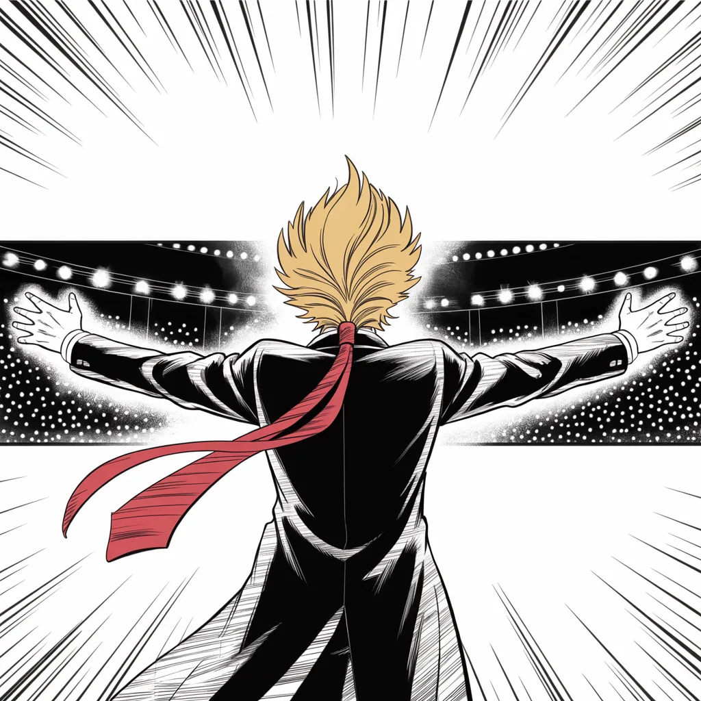 Manga panel 4 of 5, Week 65 “The Deplorables Banner”: Black and white manga panel: an imposing older man with a sweeping golden pompadour mane seen entirely from behind in the exact middle horizontal strip of the frame, arms spread wide in triumph…