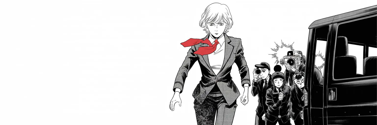Manga panel 5 of 5, Week 65 “The Deplorables Banner”: composed older woman with short blonde hair, tailored pantsuit like armor plating, measured strategist's gaze buckles mid-step at the center right of the frame as dark-suited guards close around her…