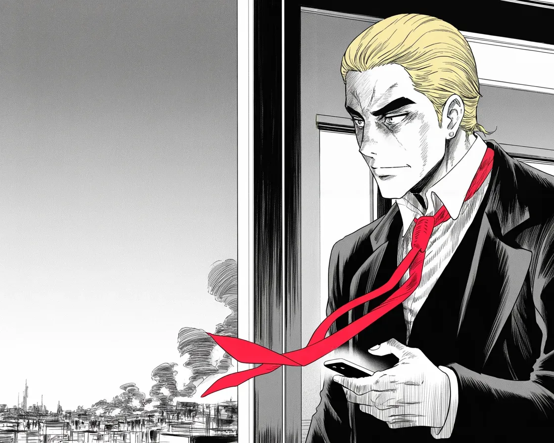Manga panel 2 of 4, Week 66 “Bombs in His Own City”: Imposing older man with a sweeping golden pompadour mane, heavy brow, small intense eyes, strong jowled jaw, long dark suit, very long red necktie flowing like a battle banner at a high tower window…