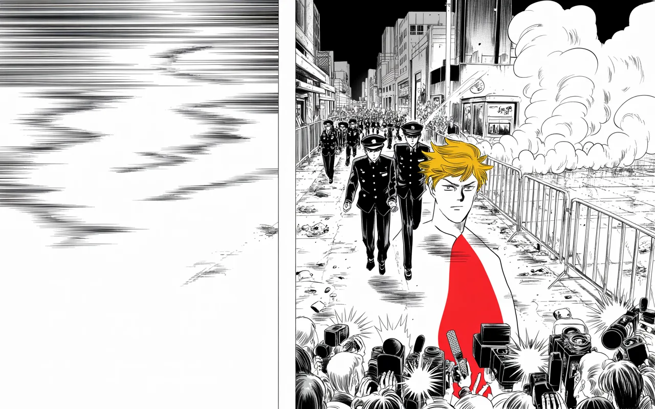 Manga panel 3 of 4, Week 66 “Bombs in His Own City”: Uniformed officers charge from the center of the frame toward drifting smoke at the right edge down a debris-strewn night avenue; behind barricades along the bottom right, crowd of featureless…