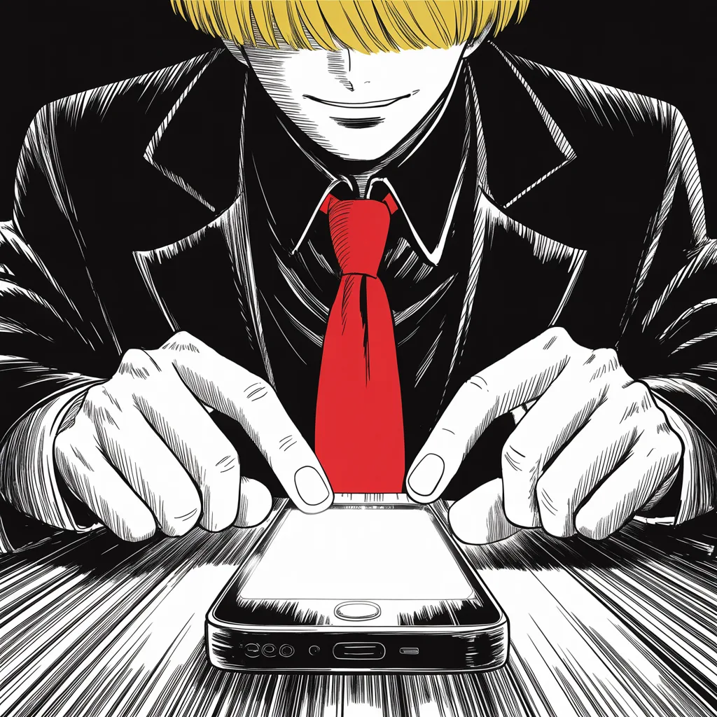 Manga panel 2 of 5, Week 67 “The First Duel”: extreme close-up of thumbs poised over a glowing phone screen in the lower half of the frame in a dark room, the light carving a thin taunting smirk out of shadow, heavy ink hatching