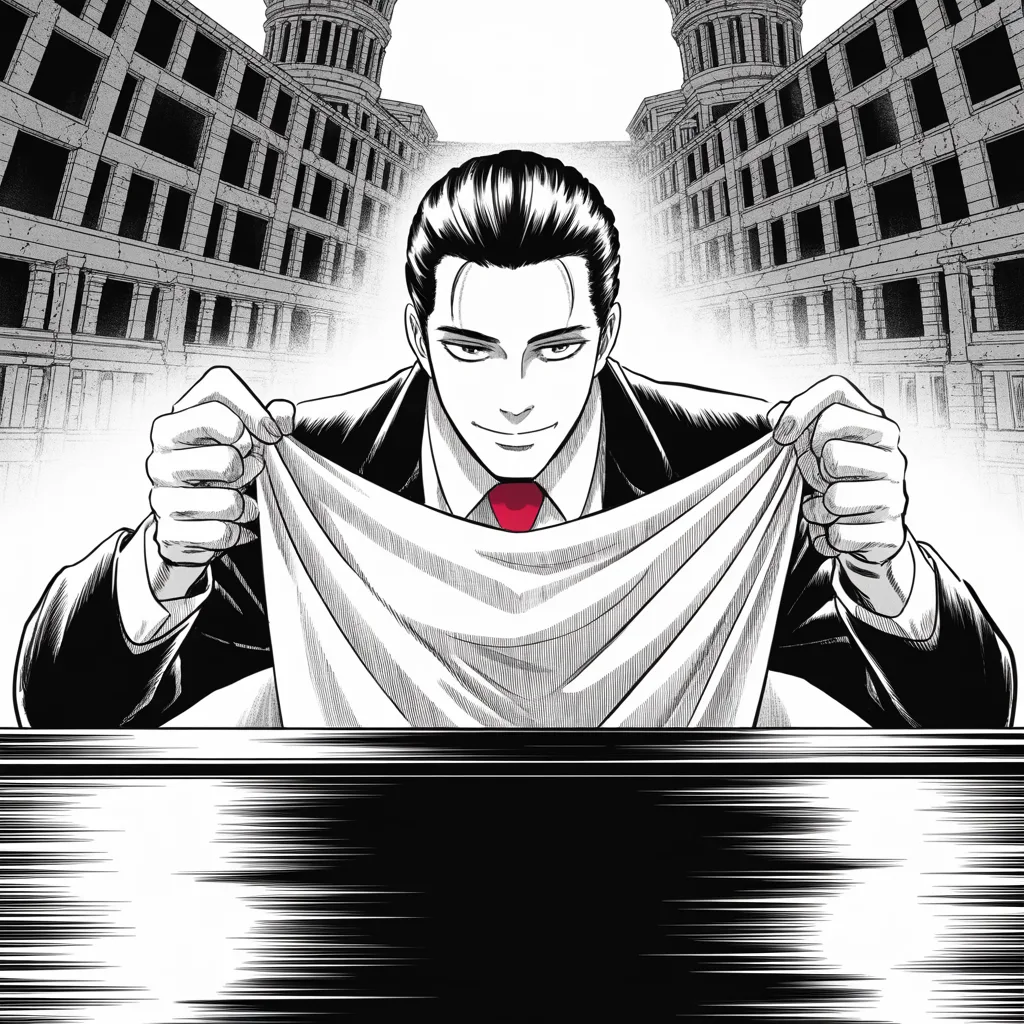 Manga panel 3 of 5, Week 67 “The First Duel”: round-faced man with slick dark hair, hooded eyes, thin smile, courtroom bearing kneels in shadow at the center of the frame, offering up a folded banner, a fortress-like tower rising behind him…