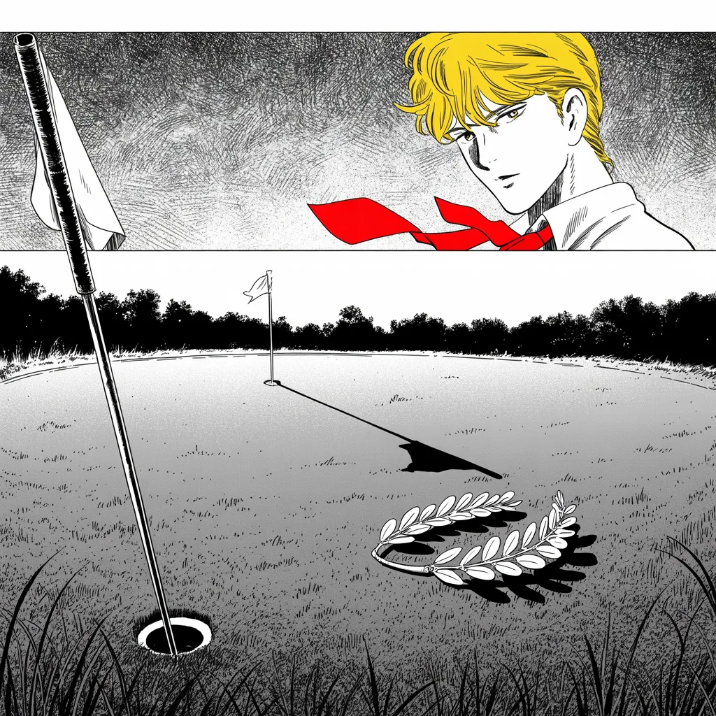 Manga panel 4 of 5, Week 67 “The First Duel”: empty golf green at dusk across the middle strip of the frame, lone flagstick casting a long shadow, a laurel crown resting on the grass, mournful stillness